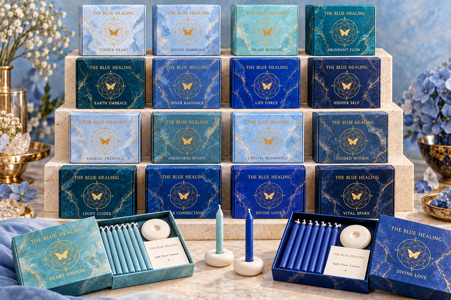 Blue marble ritual candle gift boxes with sacred geometry butterflies, short blue candles and ceramic holders